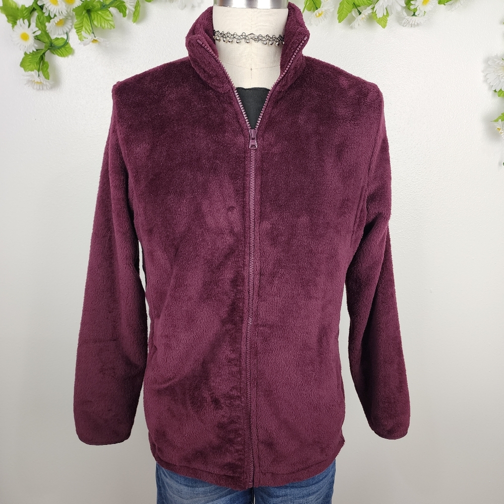 Land End Plush Jacket in Deep Plum Purple Fuzzy Sz Large 14 16